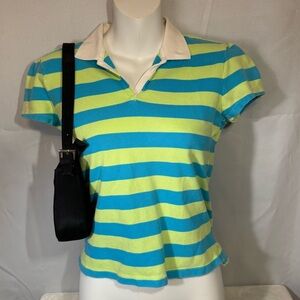 Y2K Lands' End Striped Polo Shirt Youth M 10–12 Fits Adult‎ XS Cropped